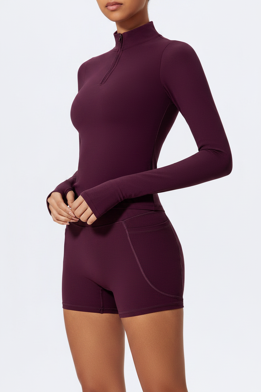 Burgundy Half-Zip Crop & Shorts - Torso Crop