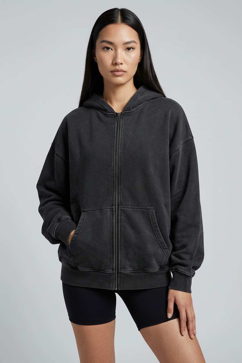 Washed Black Zip Hoodie - Head to Thigh Crop